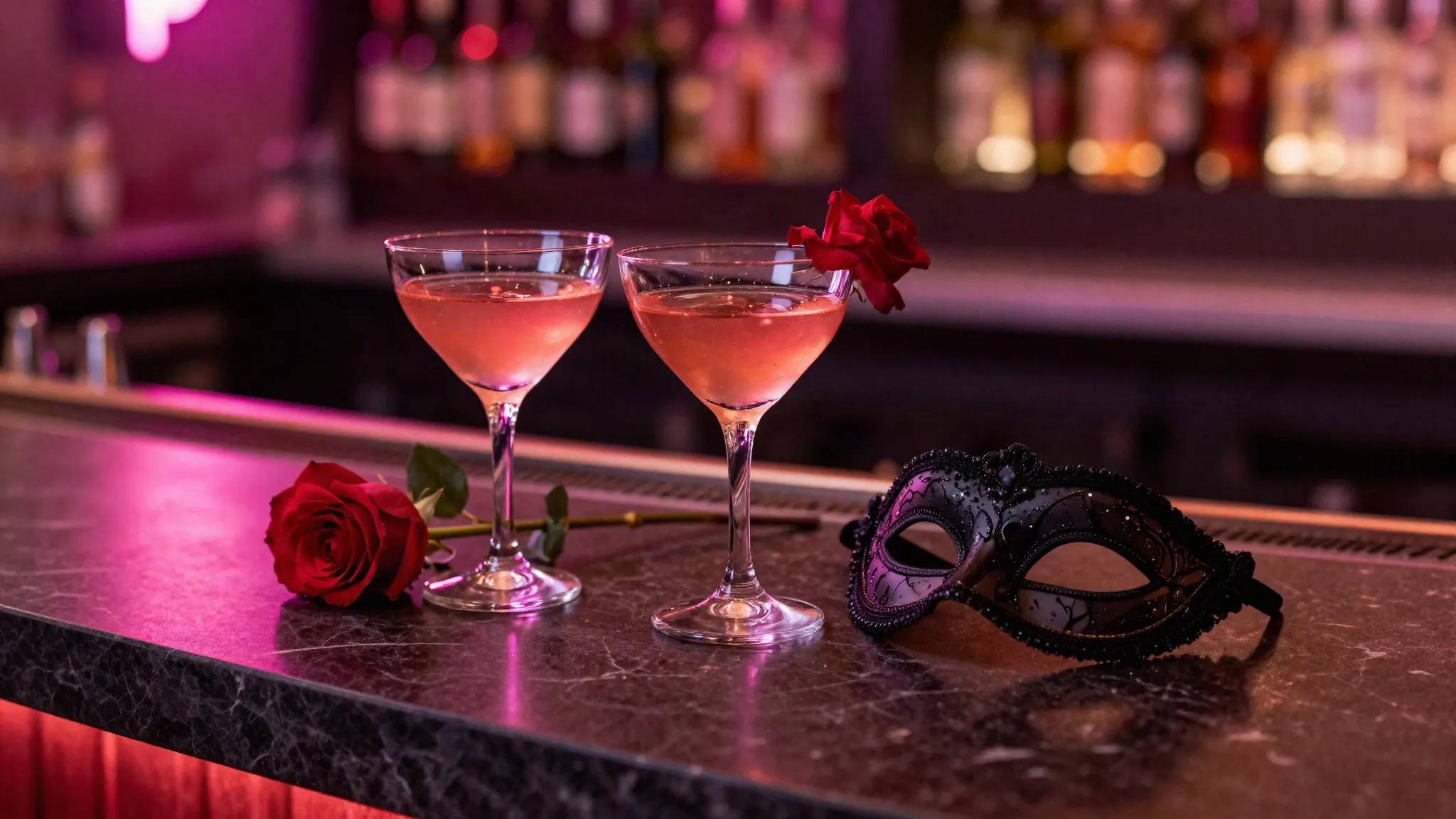 Deux coupes de cocktail, une rose rouge et un masque vénitien sur un bar en marbre éclairé en rose
